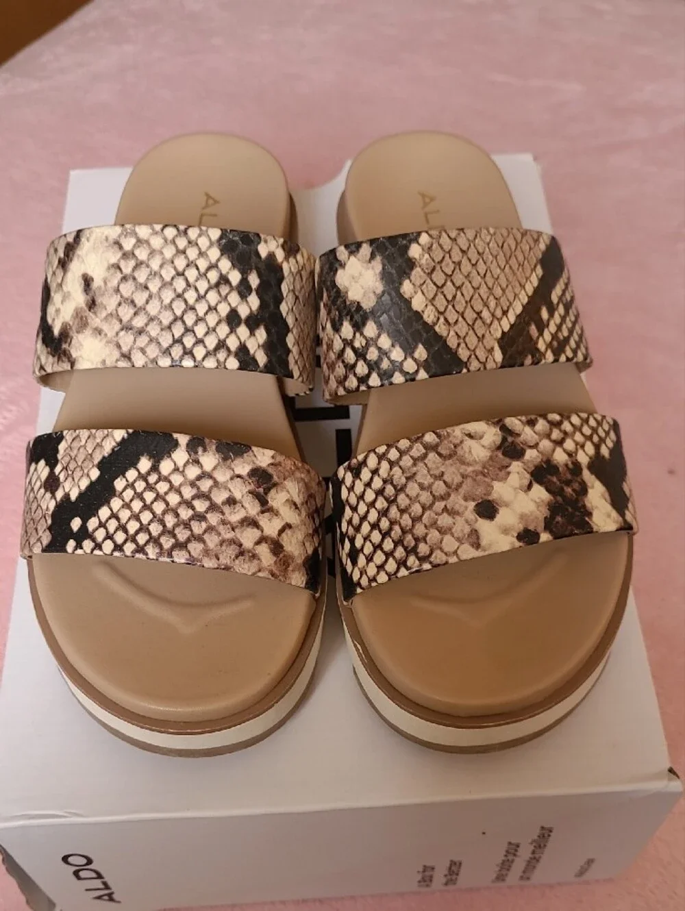 Aldo Snake-Print Dual Strap Platform Sandals in Beige & White